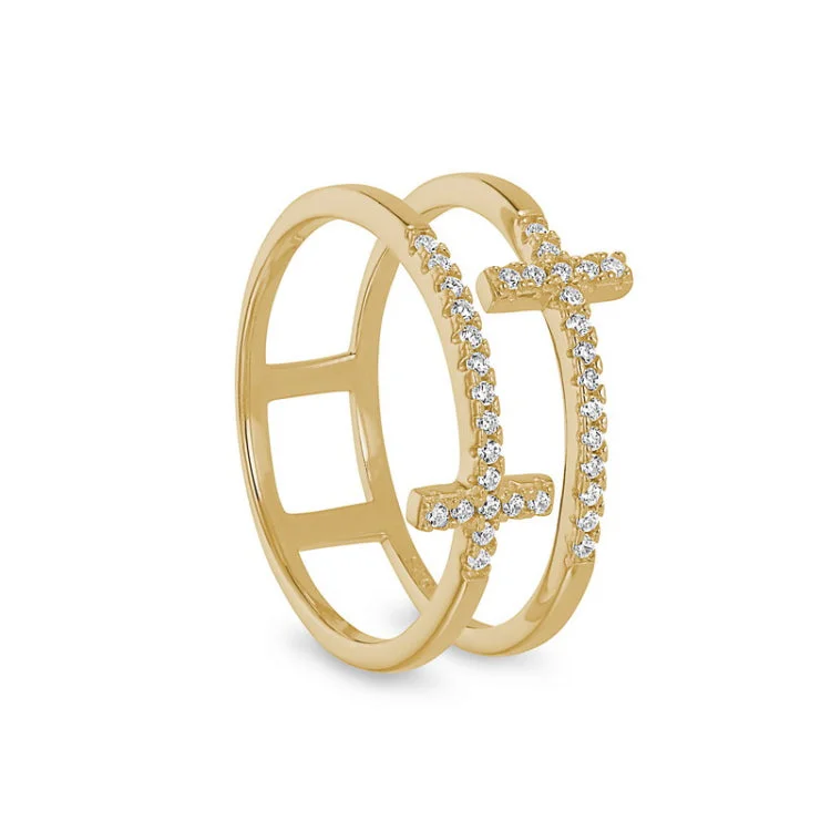 Elegant Diamond Rings-Gold Finish Sterling Silver Micropave Double Cross Ring with Simulated Diamonds