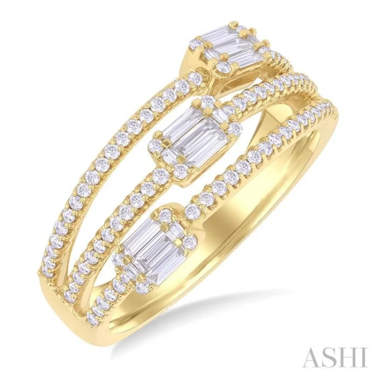 Designer Engagement Ring Sets-5/8 ctw Split Three-Row Baguette and Round Cut Diamond Fashion Ring in 14K Yellow Gold