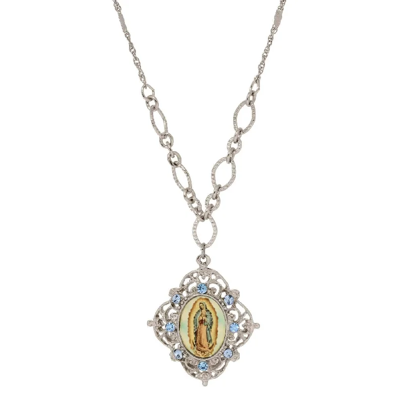 Vintage Silver Necklaces-Symbols Of Faith Light Sapphire Blue Crystal Our Lady Of Guadalupe Pendant Necklace 18"L