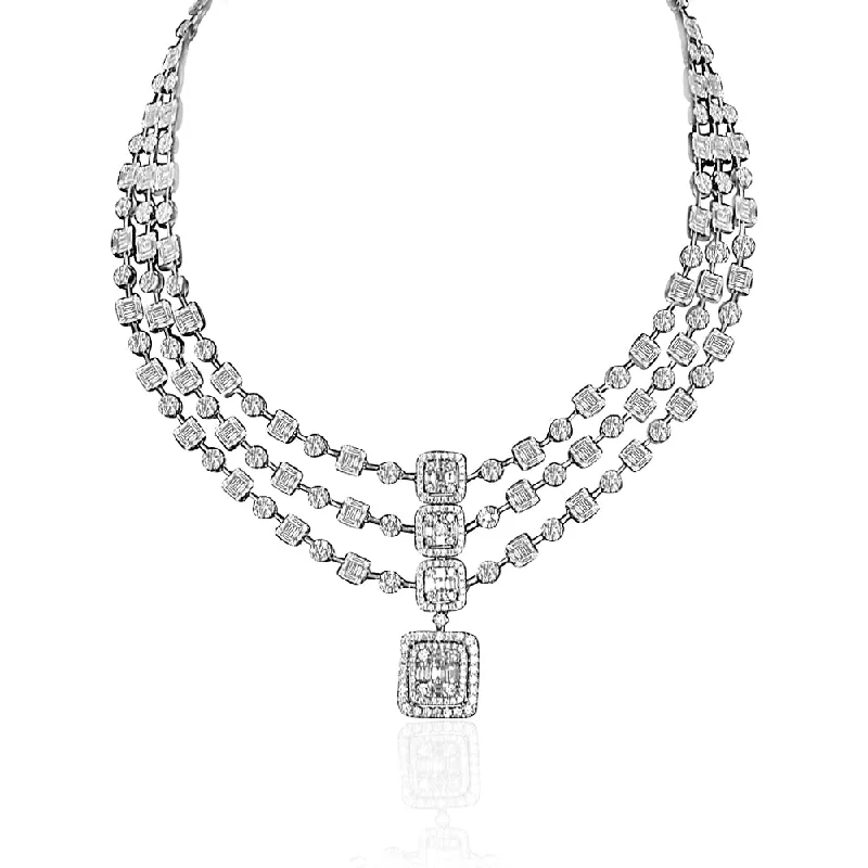 Emerald Necklaces-Three Row Baguette Diamond Necklace