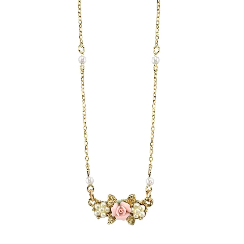 Vintage Style Necklaces-1928 Jewelry Faux Pearl Pink Porcelain Rose Pendant Necklace 16" + 3" Extender