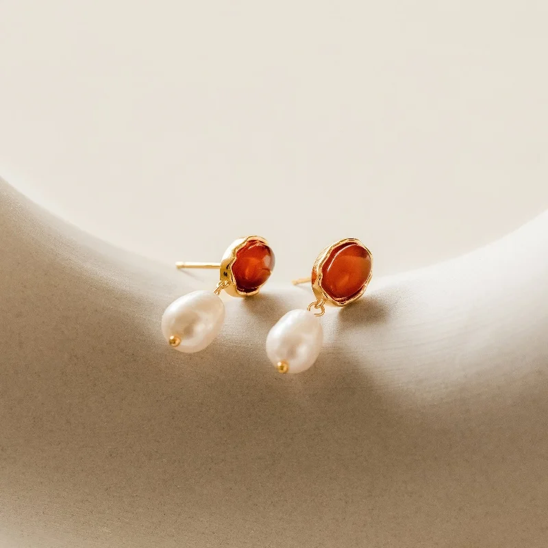 Small Gemstone Hoop Earrings-Carnelian Pearl Earrings