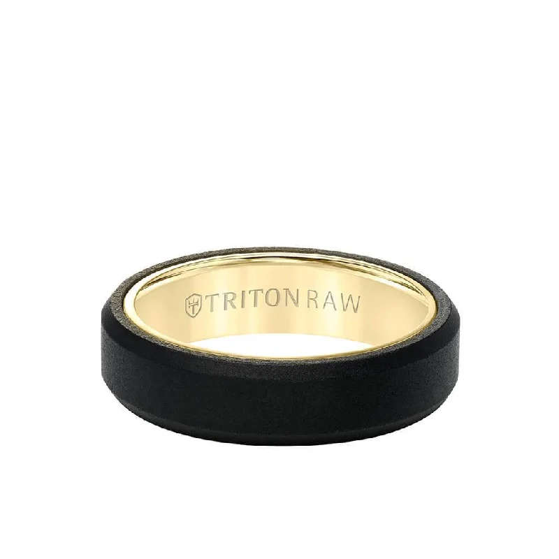 Wedding Rings with Custom Engraving-6MM Tungsten RAW Black DLC + 14K Yellow Gold Ring - Soft Sand Finish and Bevel Edge