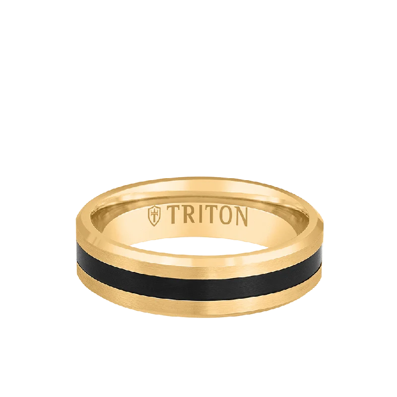 Custom Wedding Ring Bands for Women-6MM 14k Gold Ring + Black Titanium Thin Flat Inlay with Bevel Edge