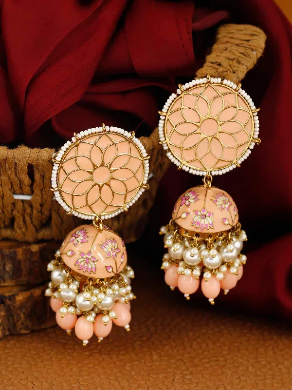 Delicate Gold Earrings-Peach Gamini Lotus Jhumkis