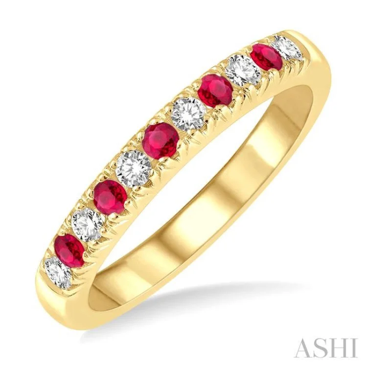 Custom Classic Wedding Rings for Men-2 MM Ruby and 1/5 ctw Round Cut Diamond Precious Wedding Band in 14K Yellow Gold