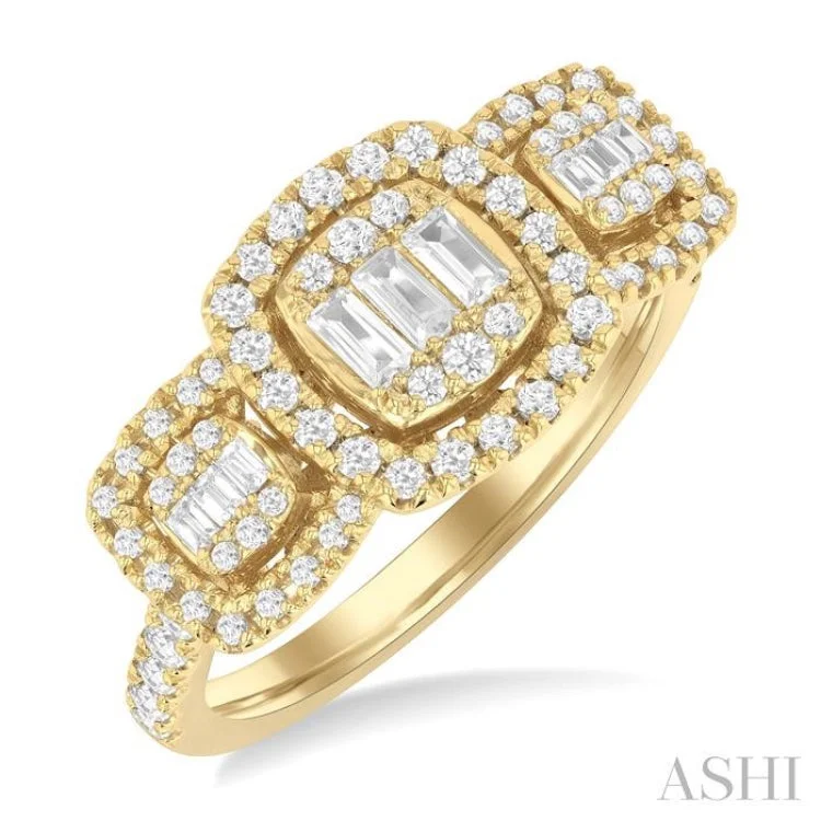 Custom Ring Sets for Women-3/4 ctw Cushion Shape Past, Present & Future Fusion Baguette and Round Cut Diamond Engagement Ring in 14K Yellow Gold