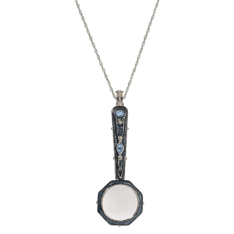 Birthstone Pendant Necklaces-1928 Jewelry Blue Crystal & Enamel Octagon Magnifying Glass Pendant Necklace 30" - Magnification Power: 1-2X