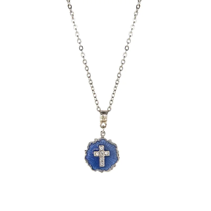 Meaningful Necklaces-Symbols Of Faith Sunburst Blue Enamel Crystal Cross Pendant Necklace 16" + 3" Extender