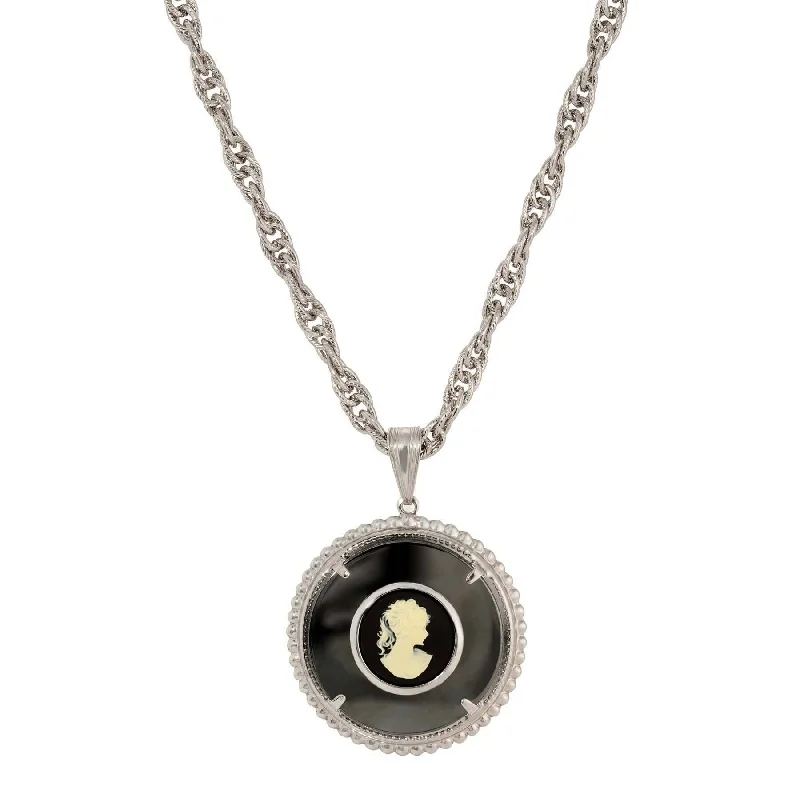 Cute Gold Necklaces-1928 Jewelry Hematite Gemstone Round Black & Ivory Cameo Pendant Necklace 18"L