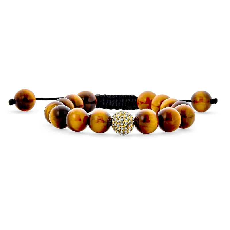 Luxury Personalized Gemstone Bracelets-Unisex Chain Link Bracelet with Brown Tiger Eye and Crystal Beads Cord