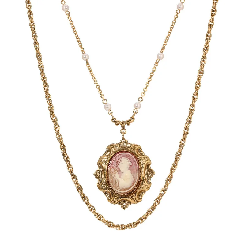 Lotus Necklaces-1928 Jewelry Victorian Reflections Carnelian & Ivory Cameo Pendant & Link Chain Necklace 24"