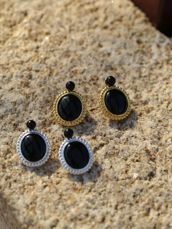 Sparkling Hoop Drop Earrings-Dark Night Black Agate Mirror Gemstone Earrings-Black Agate Earrings