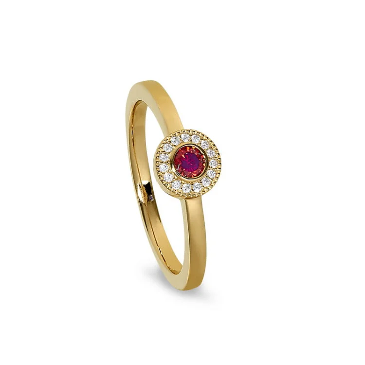 Affordable Custom Wedding Bands-Gold finish sterling silver micropave round simulated garnet ring with simulated diamonds size 5