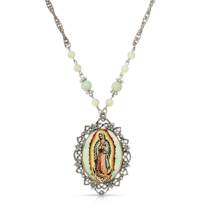 Art Deco Necklaces-Symbols Of Faith Green Bead Floral Filigree Our Lady Of Guadalupe Pendant Necklace 28"