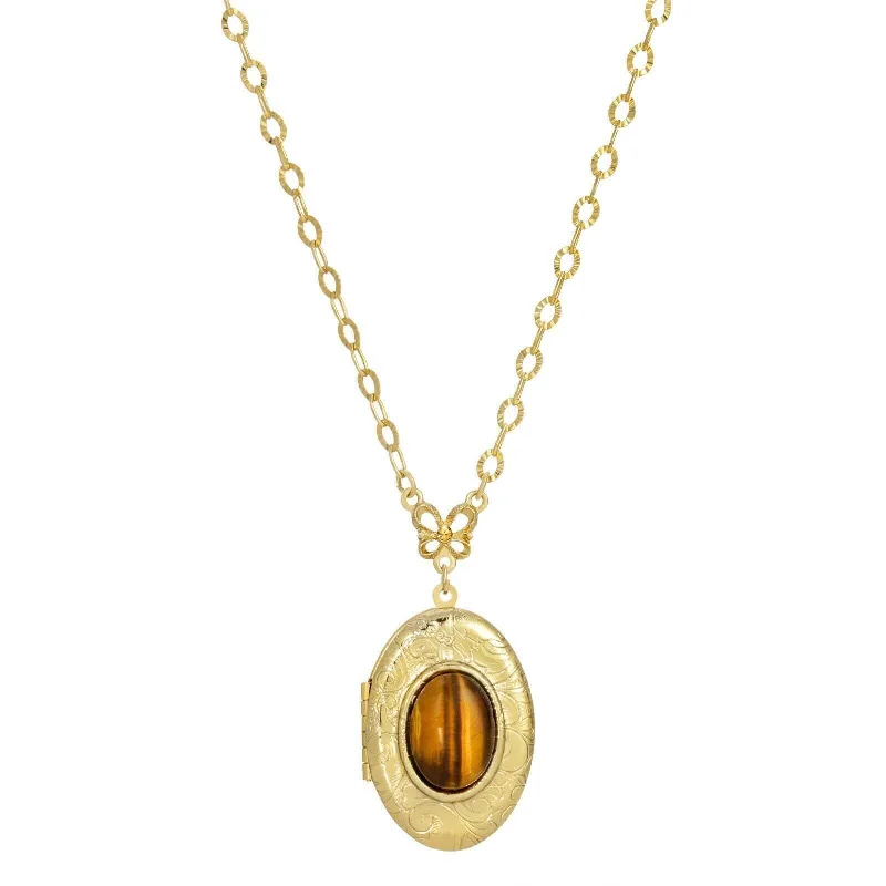 Mother’s Day Necklaces-1928 Jewelry Oval Semi Precious Tiger Eye Etched Floral Locket Necklace 26"