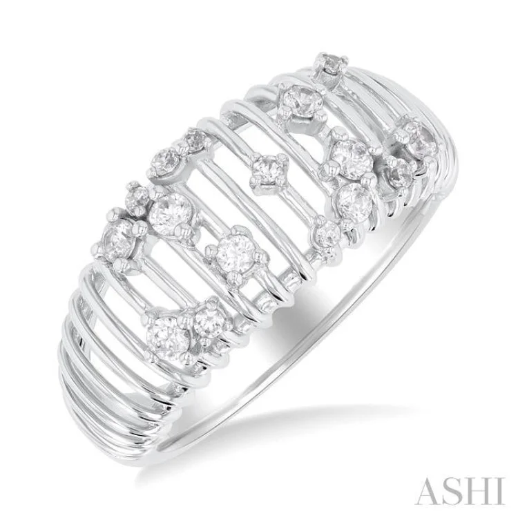 Custom Diamond Rings for Men-1/3 ctw Open Ribbed Dome Shape Round Cut Diamond Scatter Fashion Ring in 14K White Gold