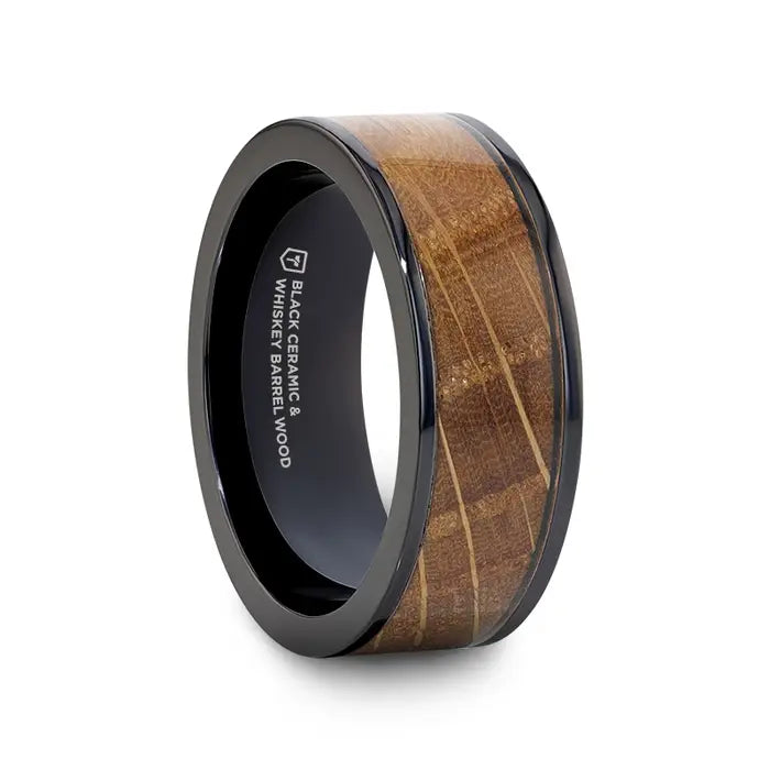 Affordable Wedding Band Sets for Couples-SCOTCH Black Ceramic Ring with Whiskey Barrel Wood Inlay- 8mm