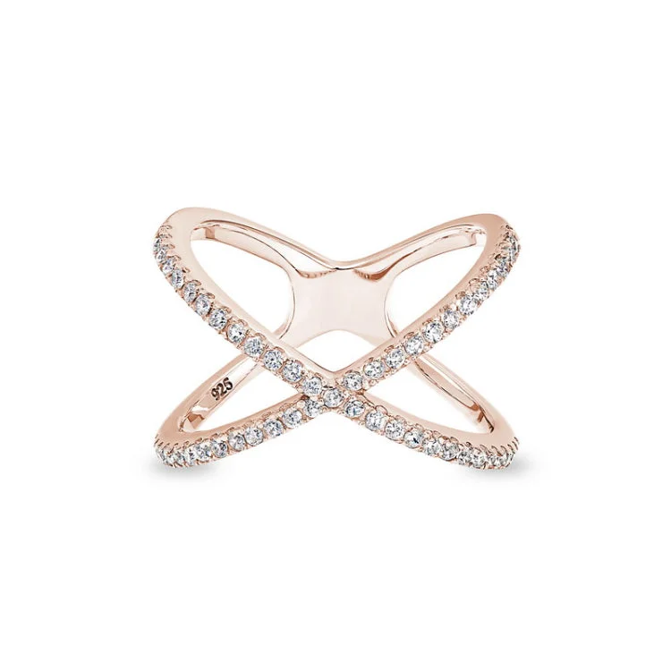 Custom Signet Wedding Rings-Rose Gold Finish Sterling Silver Micropave Criss-Cross Ring with Simulated Diamonds