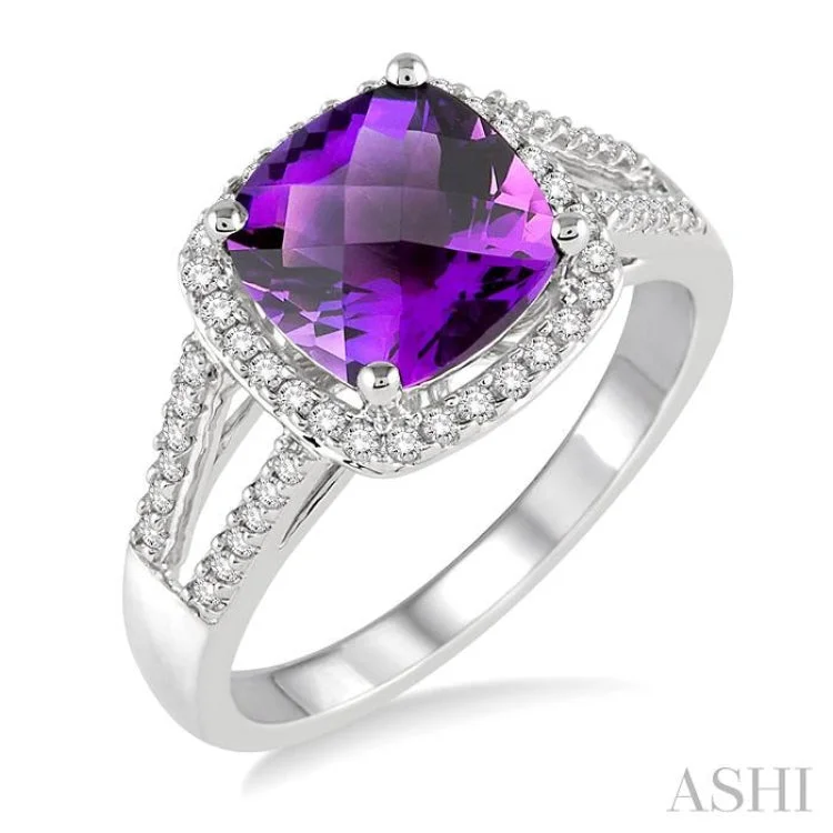 Matching Promise Rings Sets-8x8 MM Cushion Cut Amethyst and 1/4 Ctw Round cut Diamond Ring in 10K White Gold