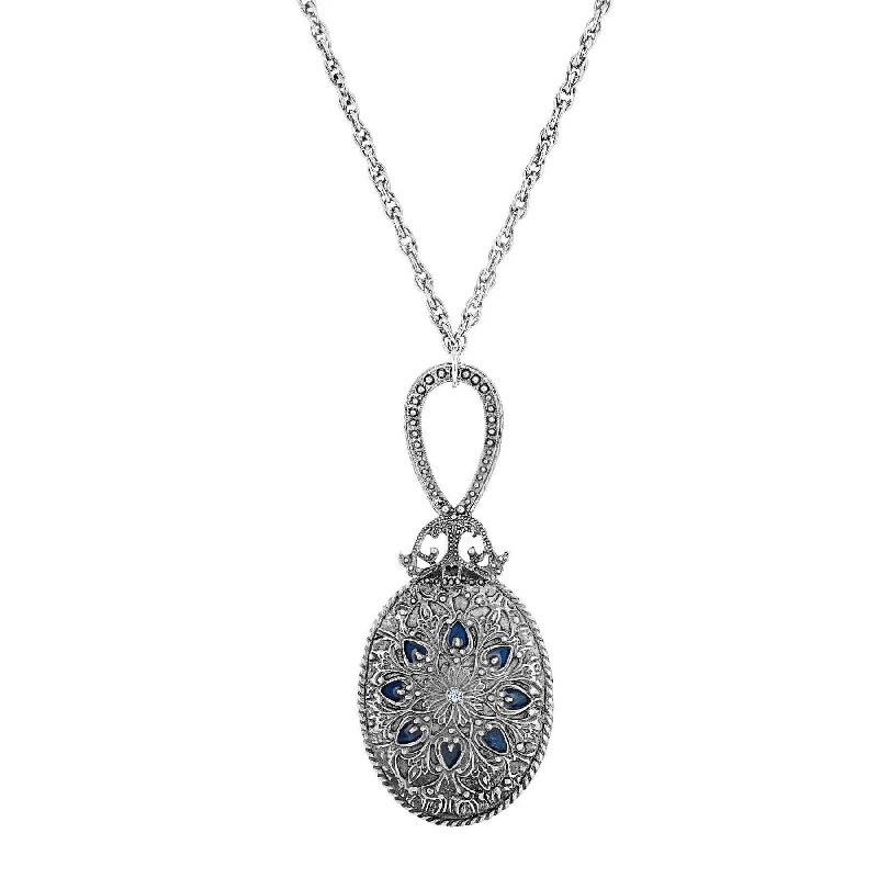 Fathers Day Necklaces-1928 Jewelry Deco Floral Blue Enamel Sapphire Crystal Mirror Pendant Necklace 30"