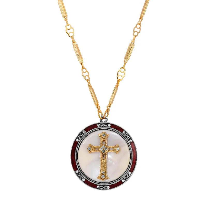 Cute Gold Necklaces-Symbols Of Faith Round Mother Of Pearl Crystal Cross Red Enameled Pendant Necklace 30"