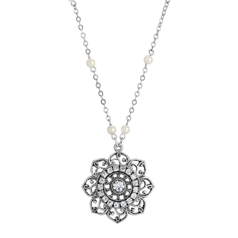 Customizable Necklaces-1928 Jewelry Majestic Crystal Flower Faux Pearl Pendant Necklace 18"