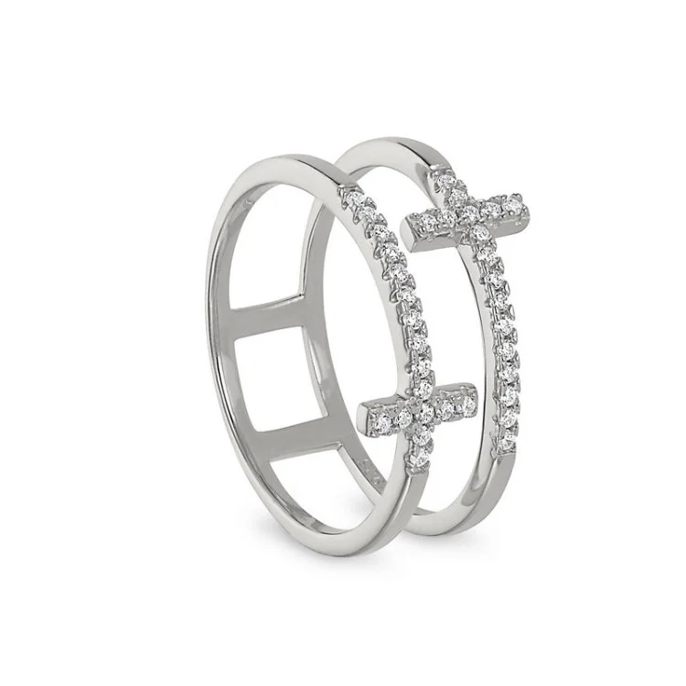 Designer Promise Rings for Women-Platinum Finish Sterling Silver Micropave Double Cross Ring with Simulated Diamonds