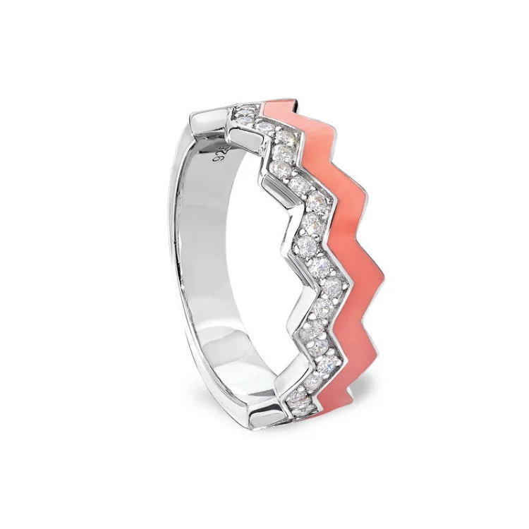 Custom Infinity Rings for Couples-Platinum Finish Sterling Silver Micropave Ring with with Coral Enamel and Simulated Diamondss