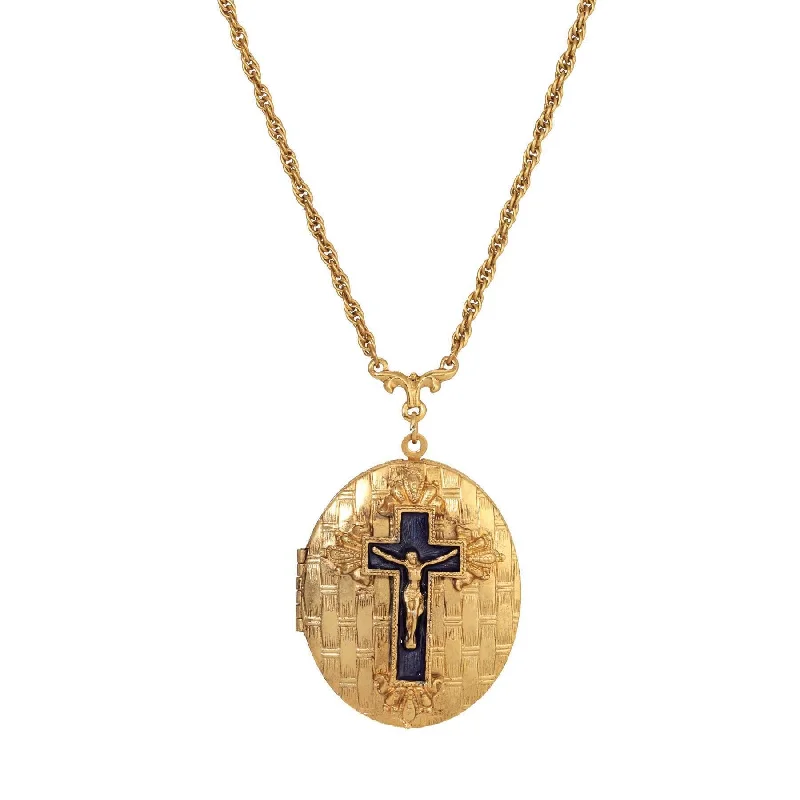 Gold Choker Necklaces-Symbols Of Faith Blue Enamel Cross Textured Oval Locket Necklace 28"L