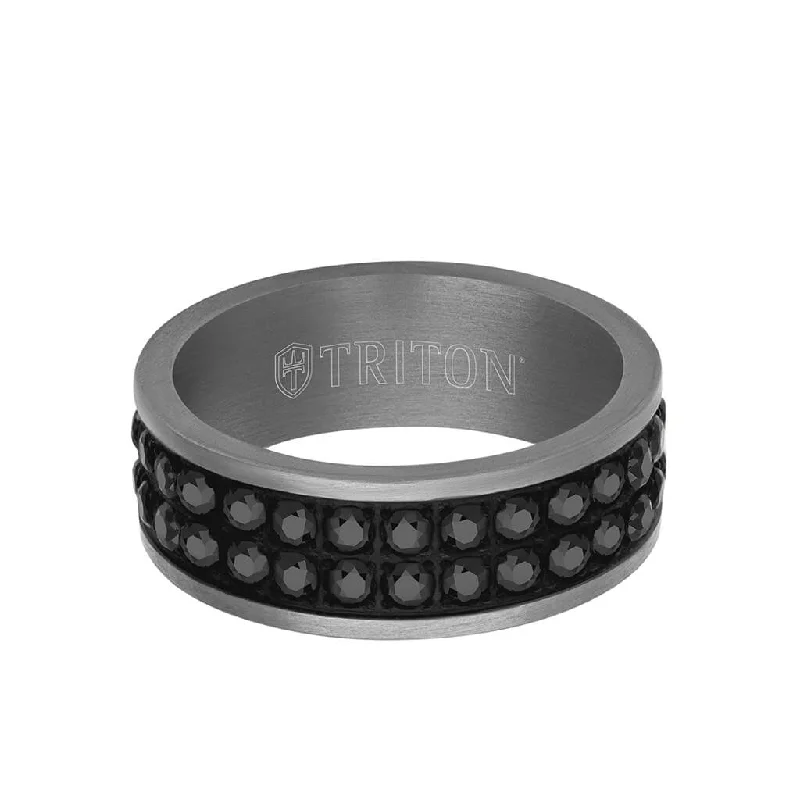 Custom Ring Sets for Women-8MM Tantalum Ring - Double Row Black Sapphires and Flat Edge