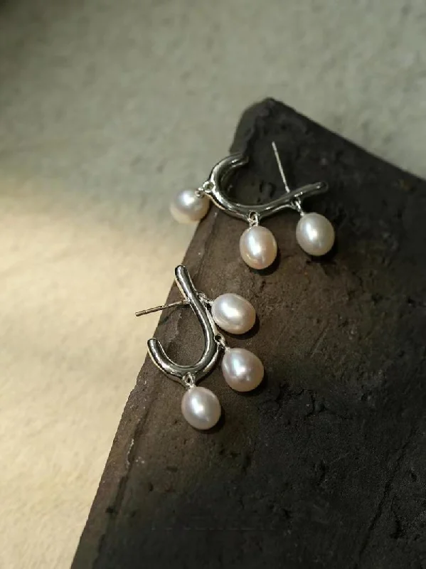 Bold Silver Earrings-Small Grape Natural Pearl Drop Earrings