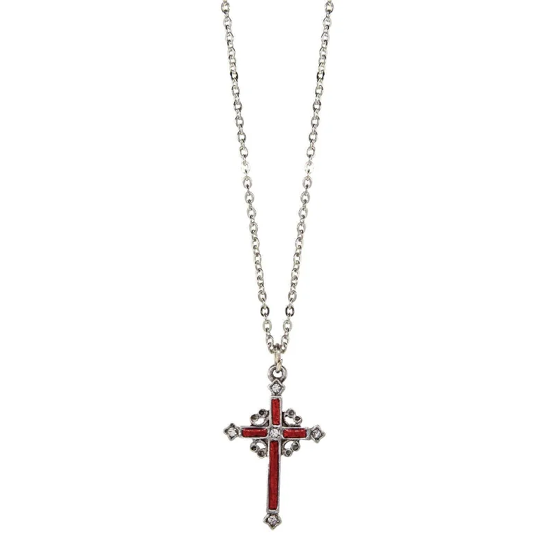 Cute Necklaces-Symbols Of Faith Pewter Hand Enamel Cross With Crystals Pendant Necklace 18"