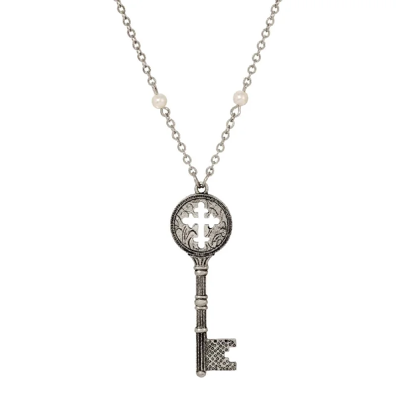 Quote Necklaces-Symbols Of Faith Budded Cross Key Pendant Faux Pearl Accent Necklace 28"L