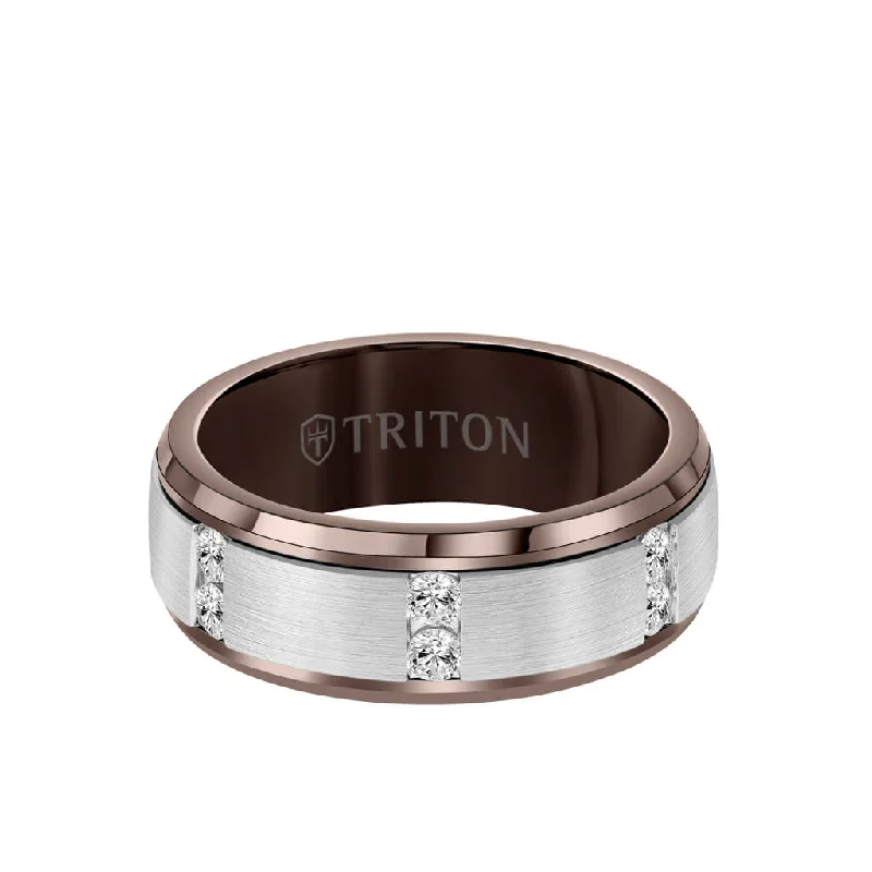 Handcrafted Engagement Rings-8MM Tungsten Diamond Ring - Vertical Channel Set Silver Satin Finish and Bevel Edge