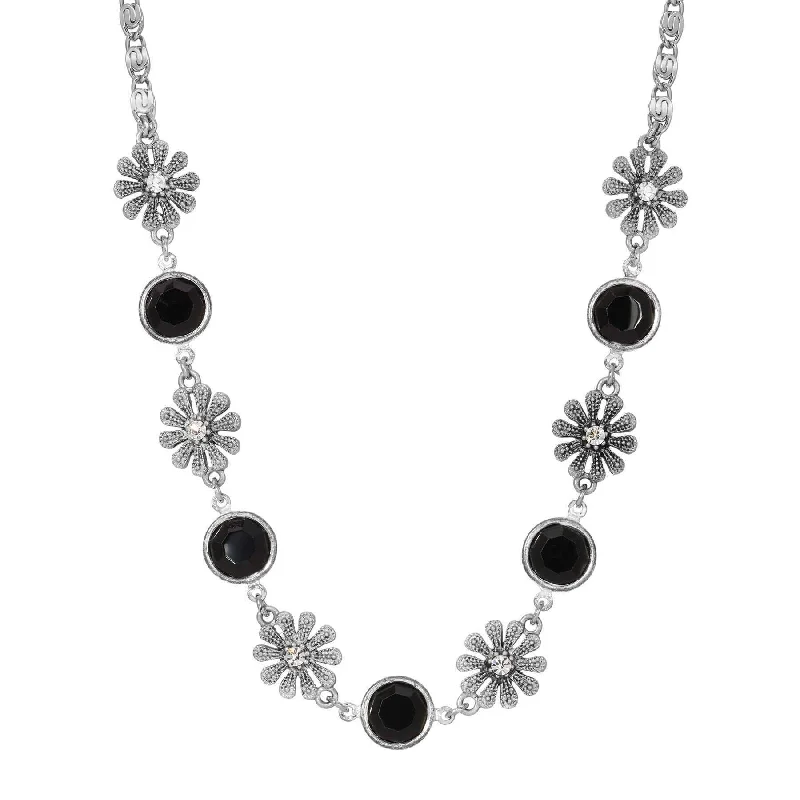 Spiritual Necklaces-1928 Jewelry Fleawort Flower Crystal & Round Black Austrian Channel Crystal Flower Necklace 16" + 3" Extension