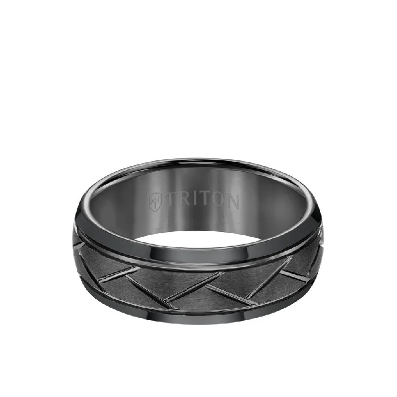 Classic Engagement Ring Styles-8MM Tungsten Carbide Ring - Domed Alternating Diagonal Cuts and Bevel Edge