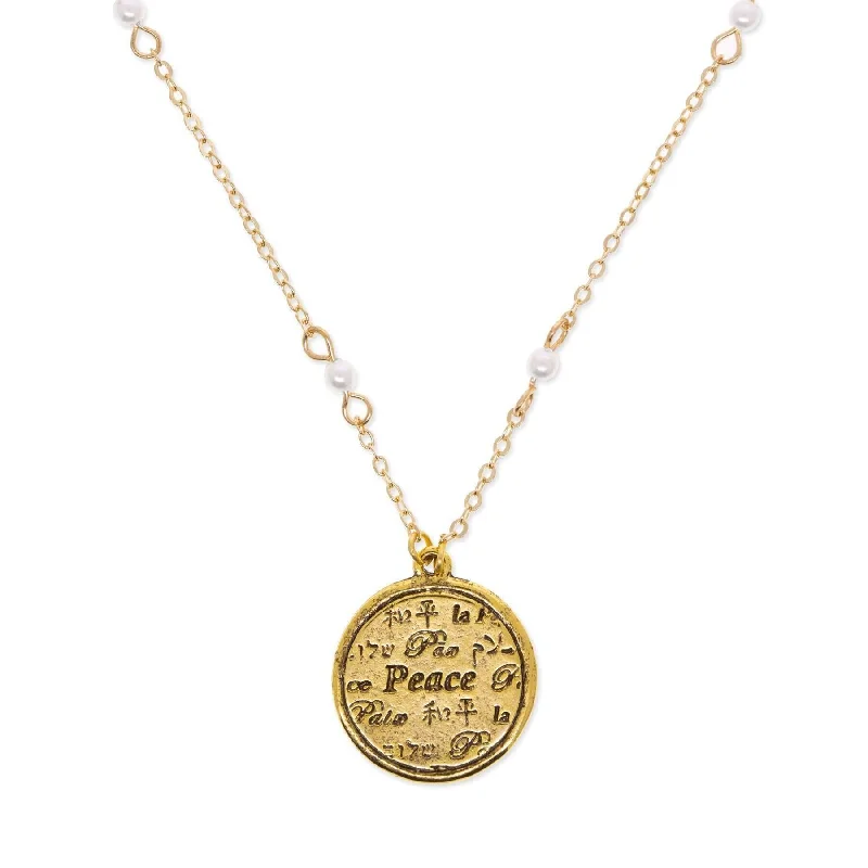 Charm Necklaces-1928 Jewelry 3mm Faux Pearl Multilingual Peace Pendant Necklace 17" + 3" Extension