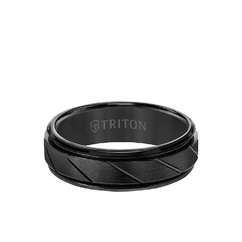 Affordable Custom Engagement Rings-7MM Tungsten Carbide Ring - Diagonal Cut Center and Round Edge