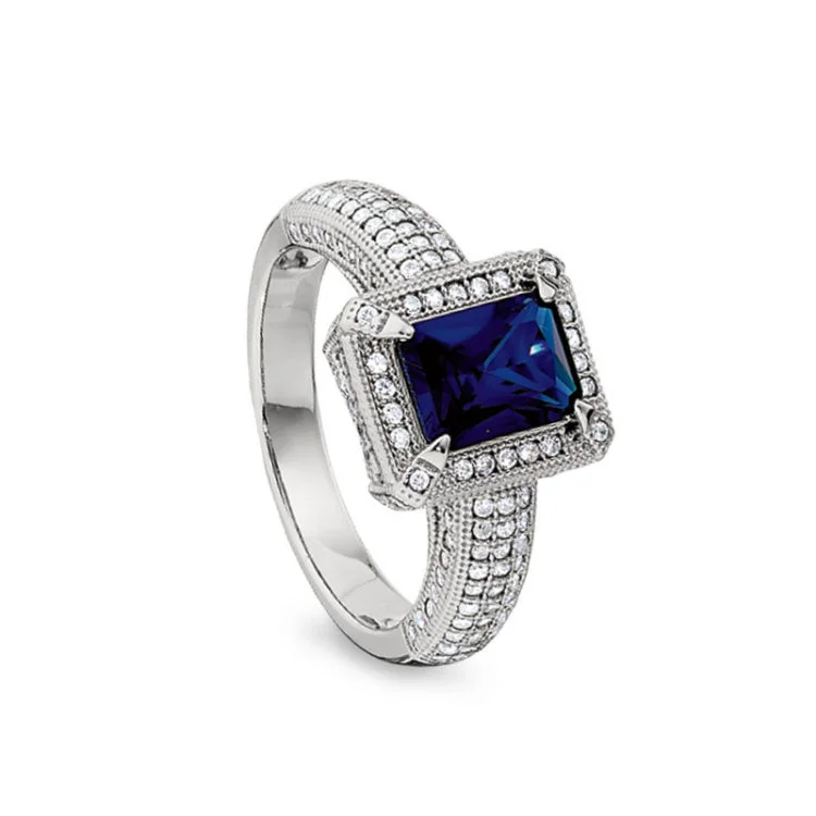 Affordable Gemstone Wedding Rings-Platinum Finish Sterling Silver Micropave Emerald Cut Synthetic Blue Sapphire Ring with Simulated Diamonds