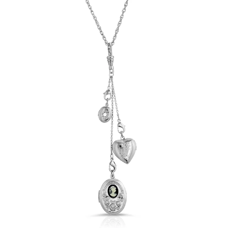 Personalized Necklaces-1928 Jewelry Multi Charm Heart & Oval Black Cameo Locket Necklace 30"