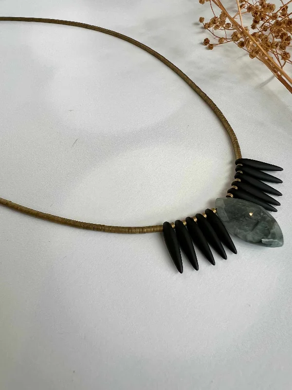 Shiny Necklaces-Grey Moonstone and Black Glass Necklace