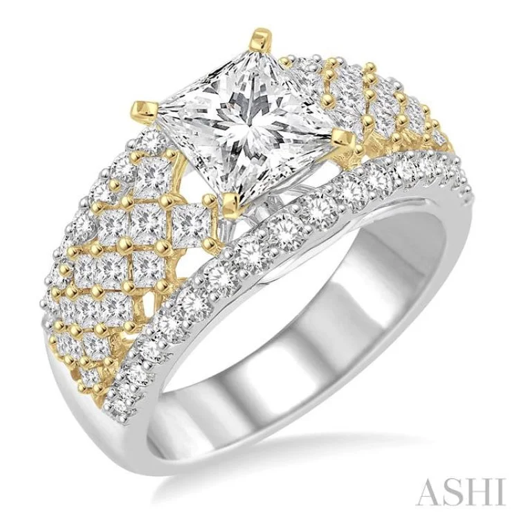 Classic Engagement Ring Styles-1 1/2 Ctw Diamond Semi-mount Engagement Ring in 14K White and Yellow Gold