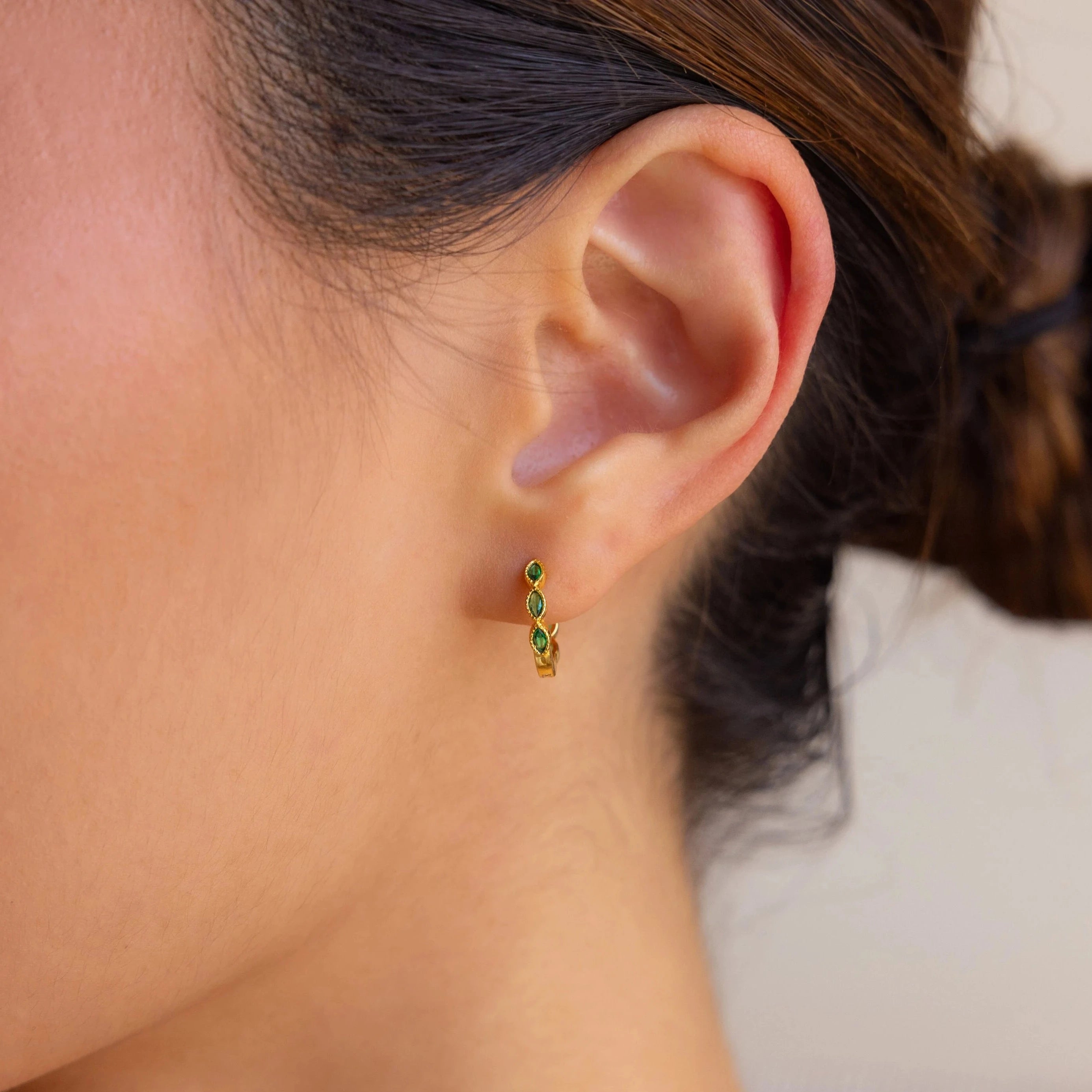 Large Drop Hoop Earrings-Emerald Marquise Inlay Huggies