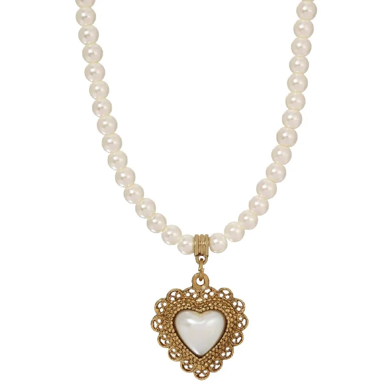 Inspirational Necklaces-1928 Jewelry Glass Faux Pearl Strand & Faux Pearl Heart Filigree Pendant Necklace 15" + 3" Extension