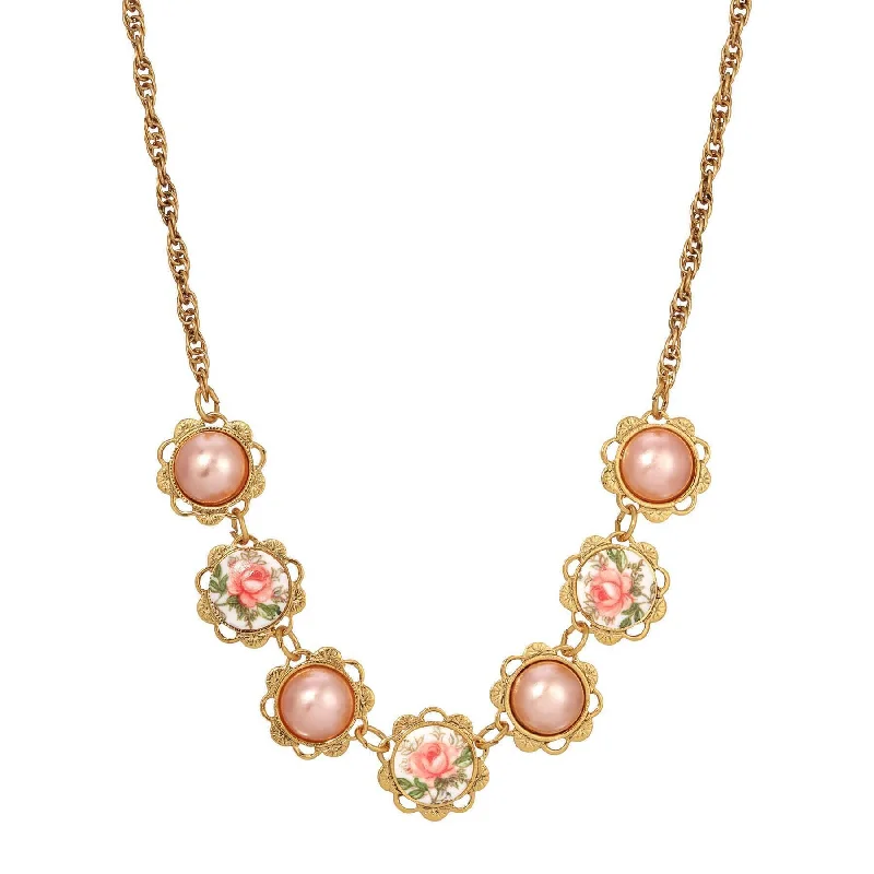 Bridesmaid Necklaces-1928 Jewelry Rosabella Raspberry Faux Pearls & Garden Pink Rose Necklace 15" + 3" Extension