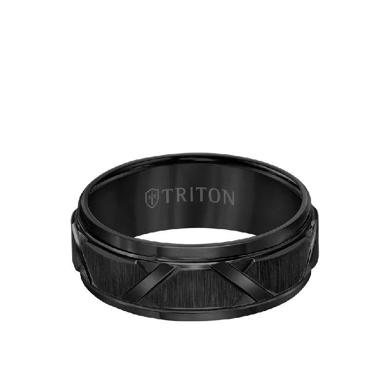 Custom Promise Rings for Couples-8MM Tungsten Carbide Ring - Wire Brush Center with Diagonal Cuts and Step Edge