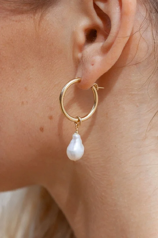 Modern Drop Hoop Earrings-Baroque Pearl Latch Hoop Earrings - Kēhau